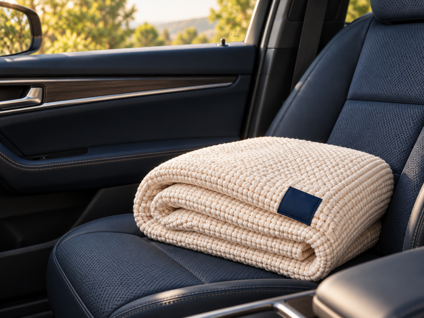 A folded Voy blanket on a car seat