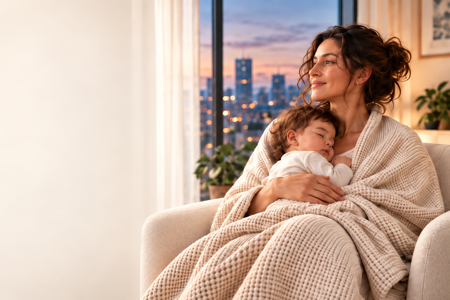 A woman relaxing beneath a cream Voy blanket