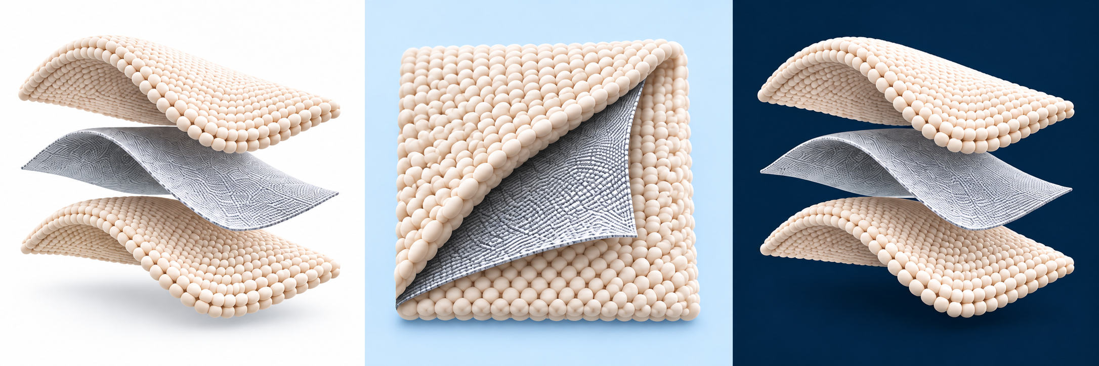 Construction concept showing two cream outer layers and a silver inner textile