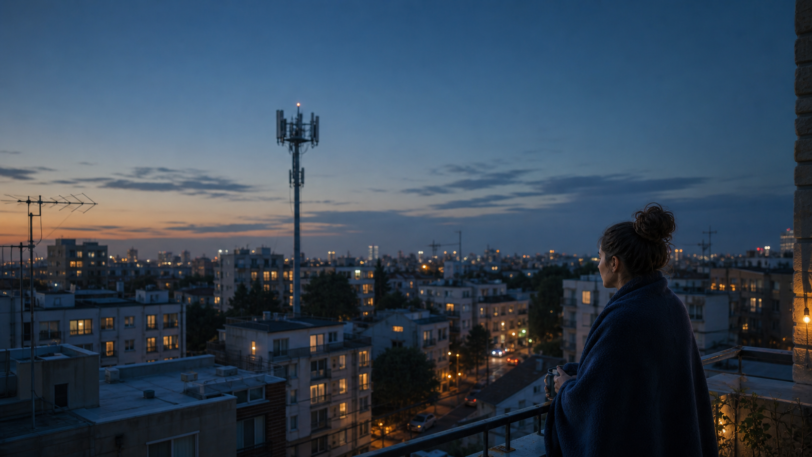 City skyline at dusk with a wireless signal tower